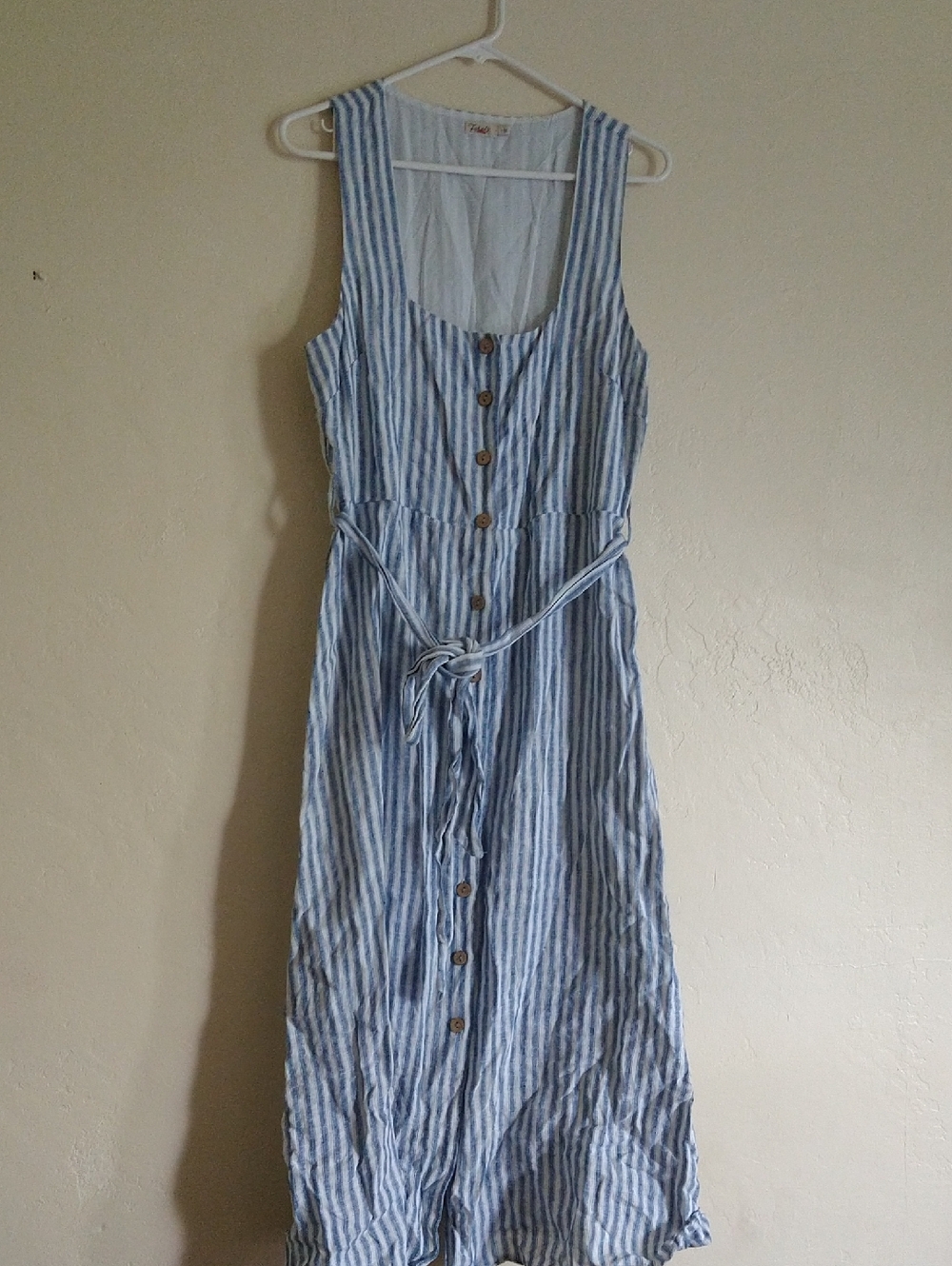 Faherty Linen/Cotton Sleeveless Blue & White Striped Button-Front Midi Dress